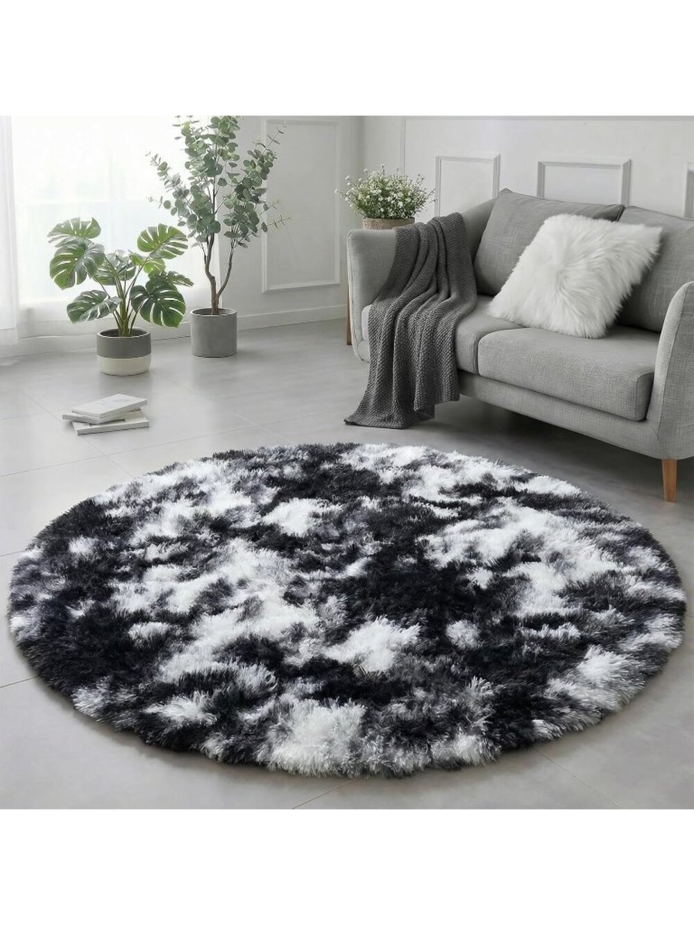 〽️Black White Grey Round Circle Area Rug 4Ft Bedroom Fluffy Fuzzy Shag Carpet